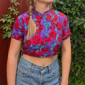 Zara red and purple rose patterned crop top.